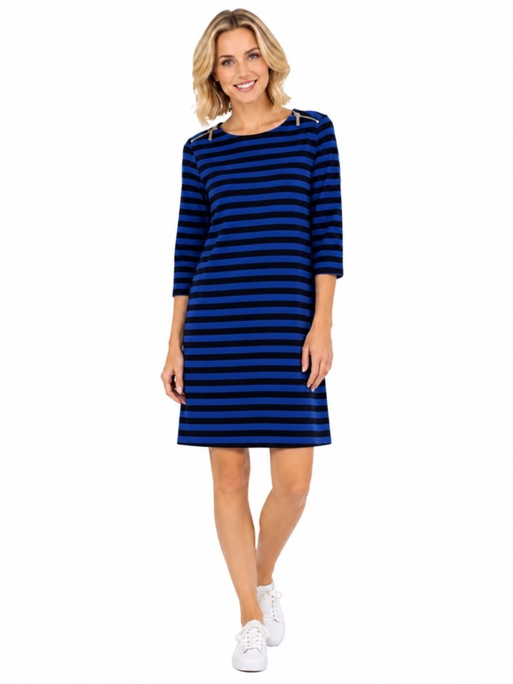 Michael KORS Women’s Size Medium Blue Black Striped Stretch Mid Dress